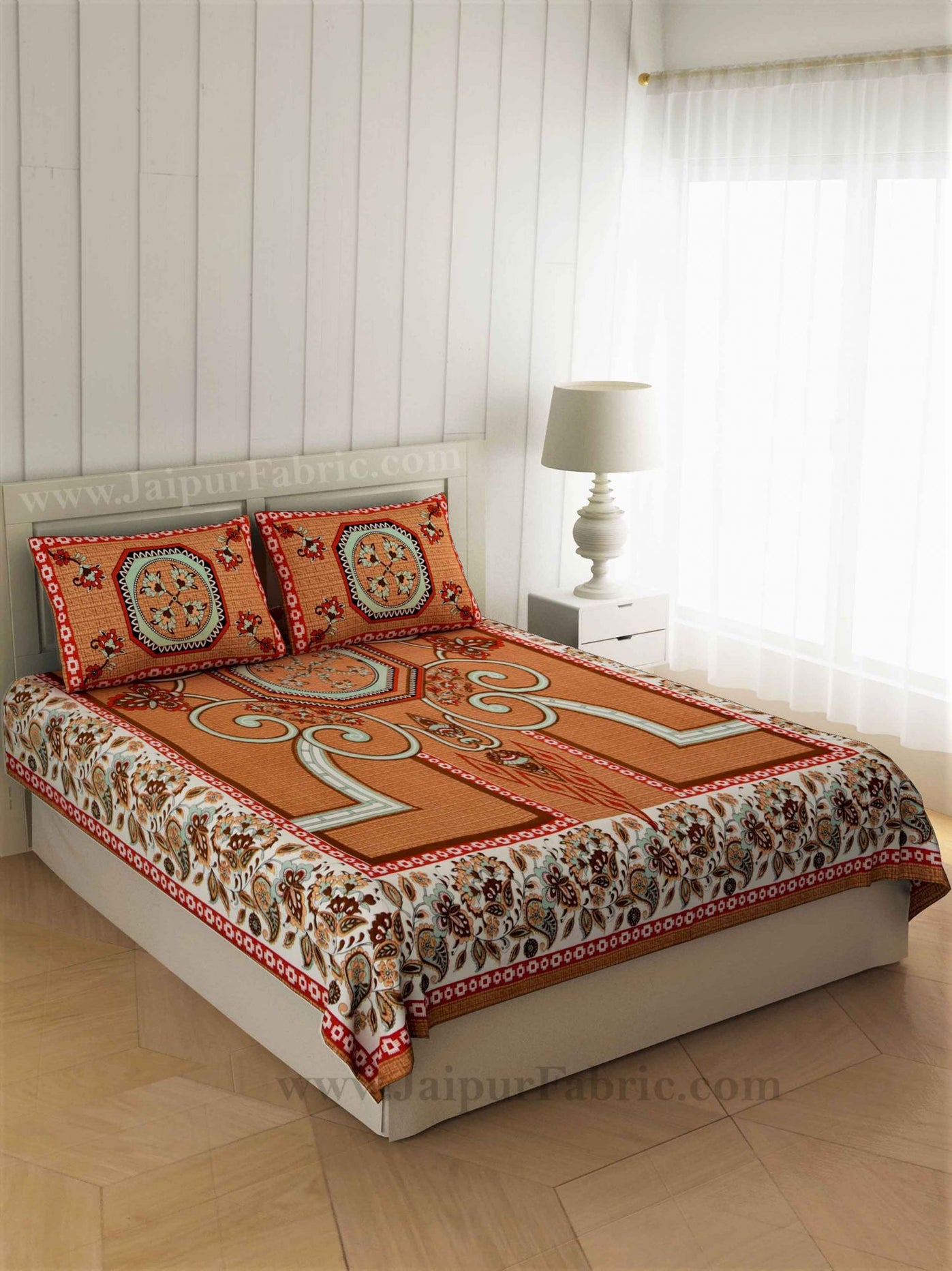 Double Bedsheet Orangish Rangoli Cotton 2 Pillow Cover