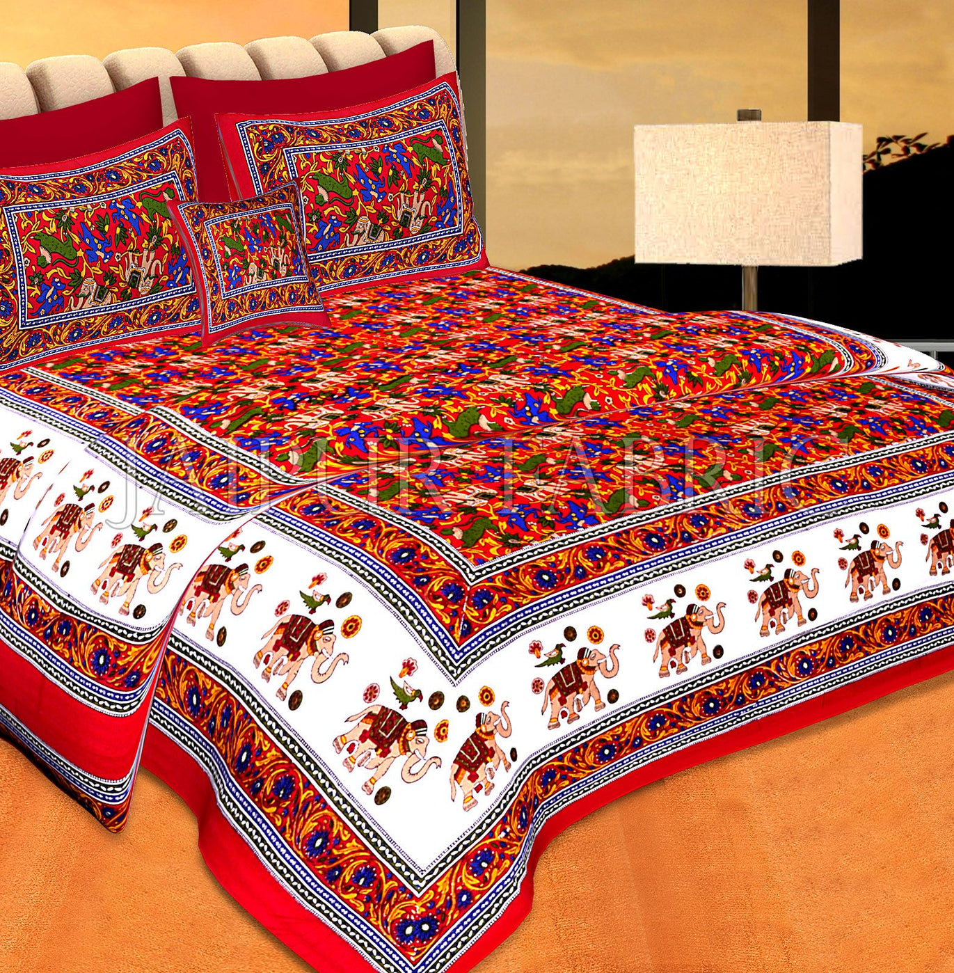 Red Base jaipur Handmade animal print bedsheet With pillow Covers