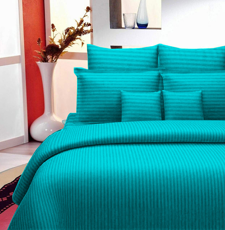 Aqua Turquoise Self Design 300 TC King Size Pure Cotton Satin Slumber Sheet for Double Bed with 2 pillow covers