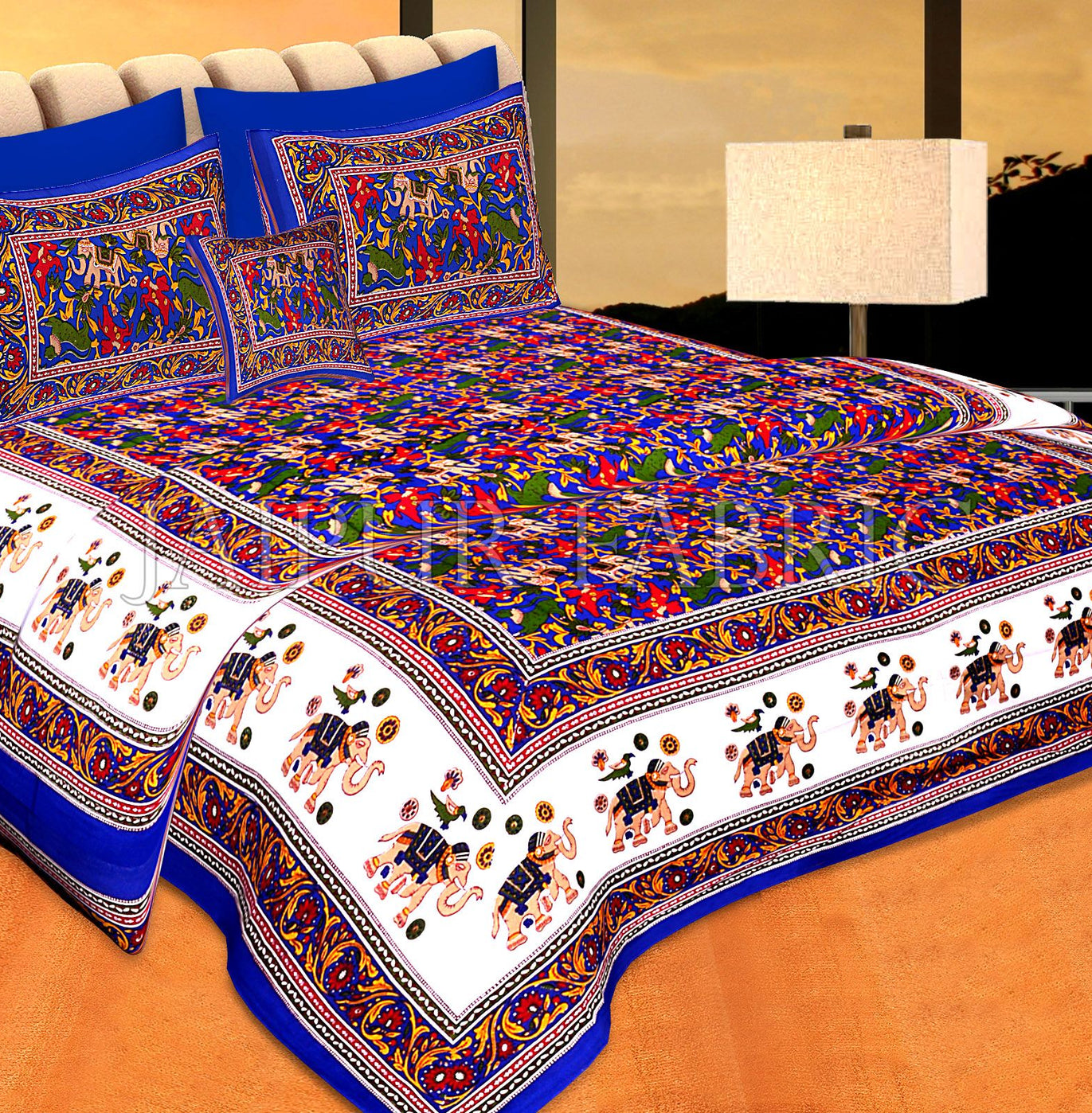 Blue Base jaipur Handmade animal print bedsheet With pillow Covers