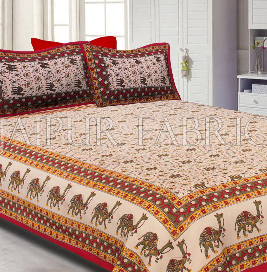 Maroon Border Camel Pattern Screen Print Cotton Double Bed Sheet