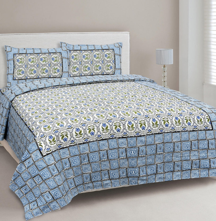 Blue Stylish Square Waves Double Bedsheet