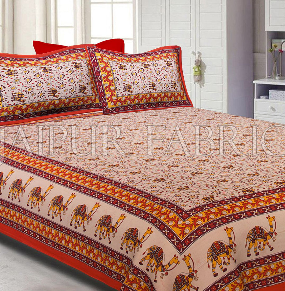 Orange Border Camel Pattern Screen Print Cotton Double Bed Sheet