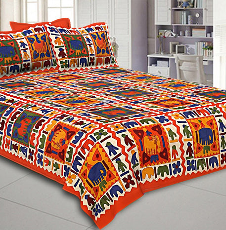 Orange Border Elephant Pattern Screen Print Double Bed Sheet