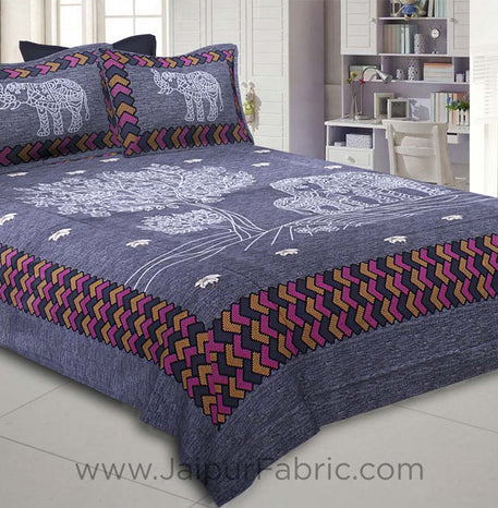 Elephant Love Blue Giza Cotton Double BedSheet