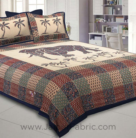 Blueish Ajrak Print Big Elephant Double BedSheet