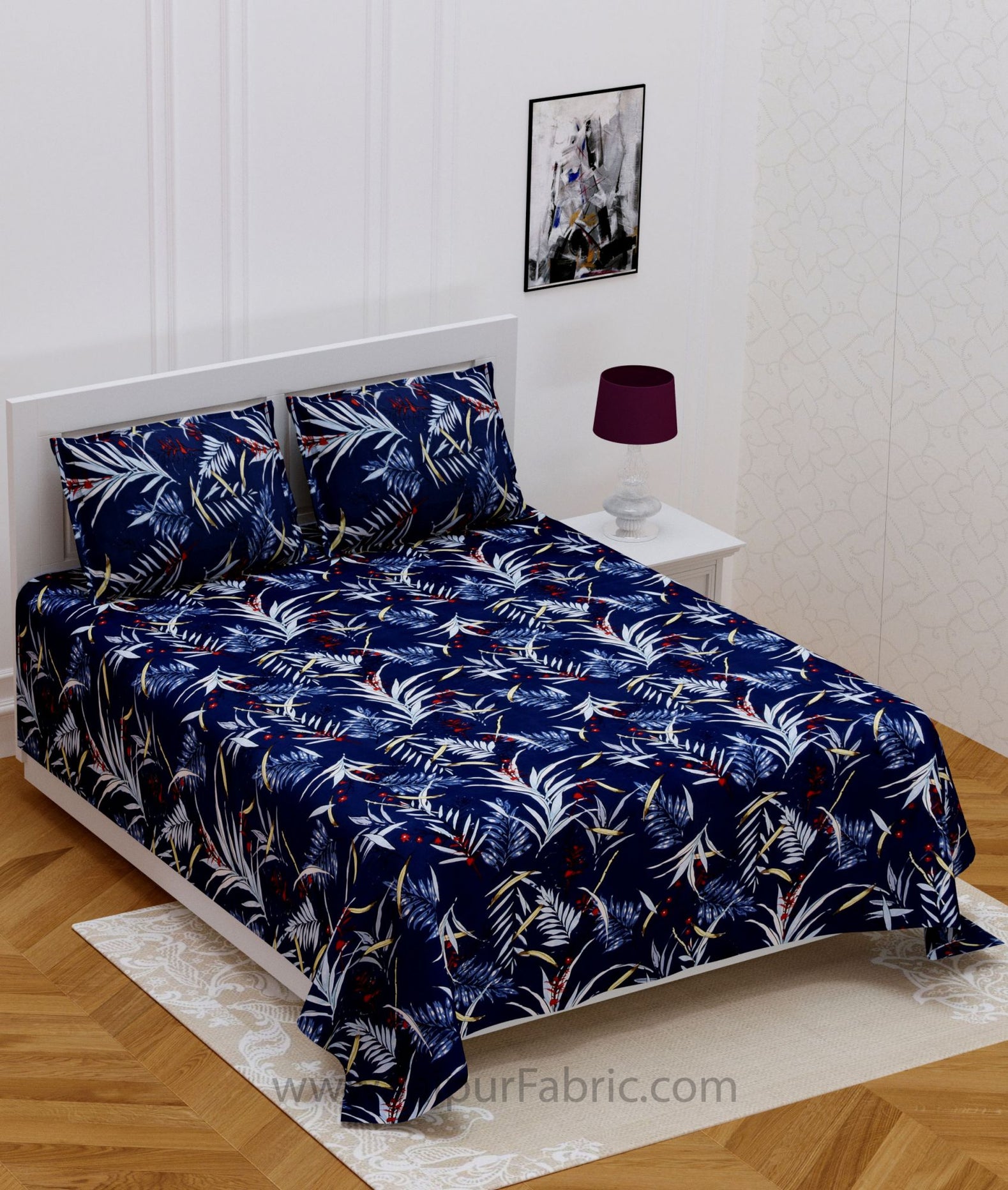 Lush Leafage Navy Blue Double Bedsheet