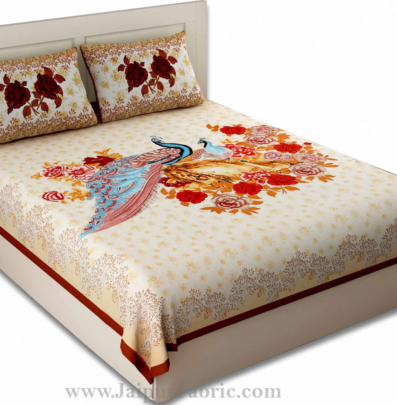 Peacock Garden Brown Border Double Bedsheet