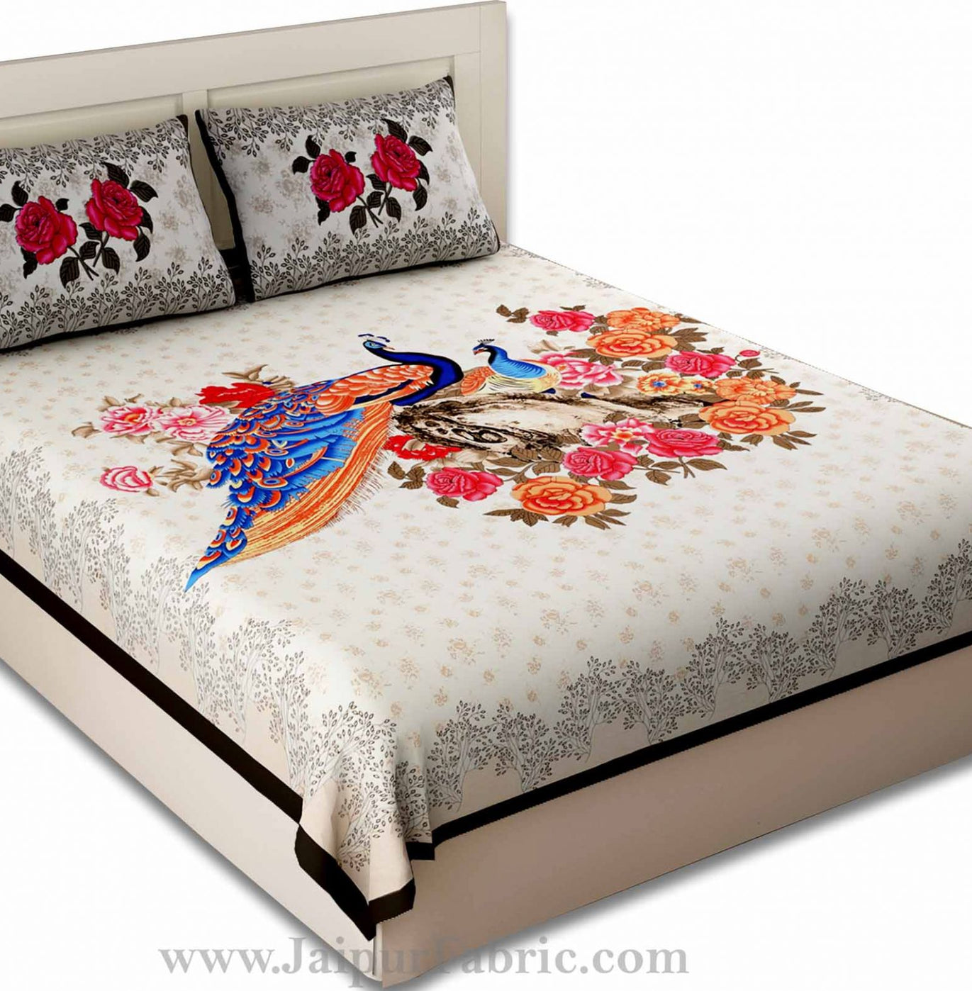 Peacock Garden Grey Border Double Bedsheet