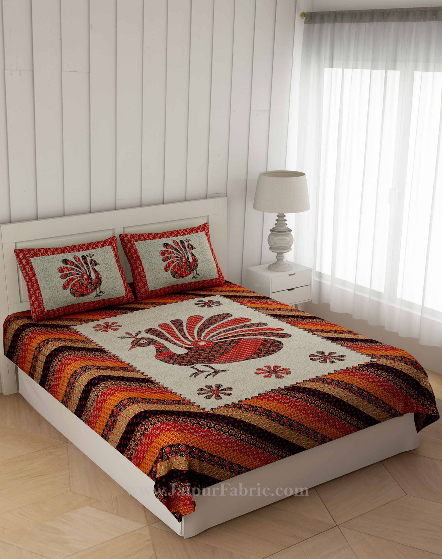 Red Ajrak Print Peacock Double Bedsheet