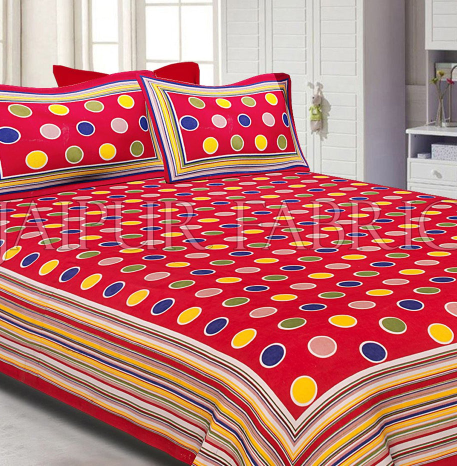 Maroon Base Multi Color Polka Dot Pattern Screen Print Cotton Double Bed Sheet