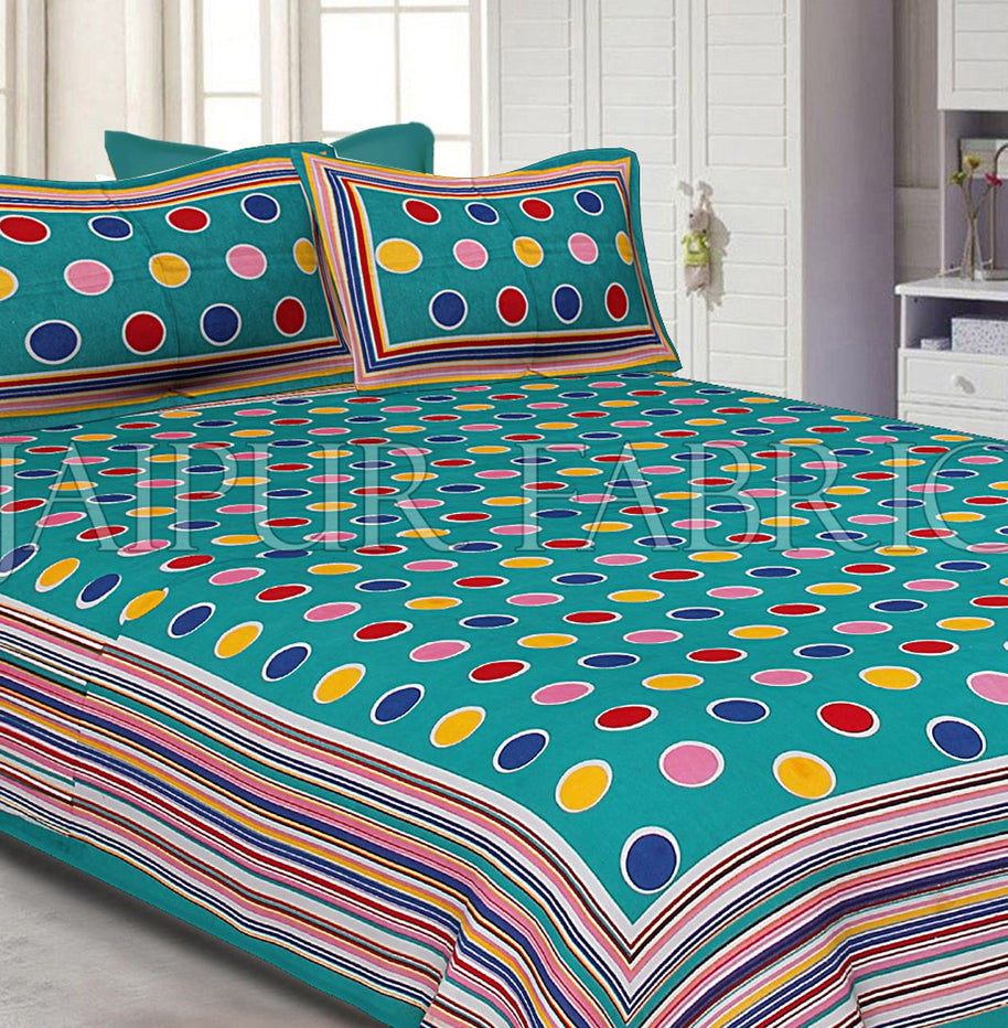 Sea Green Base Multi Color Polka Dot Pattern Screen Print Cotton Double Bed Sheet