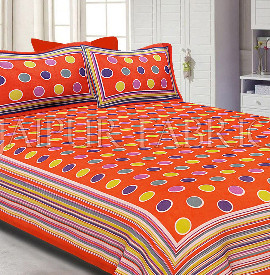 Orange Base Multi Color Polka Dot Pattern Screen Print Cotton Double Bed Sheet