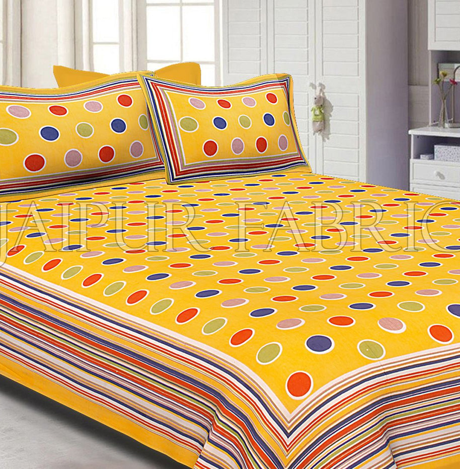 Yellow Base Multi Color Polka Dot Pattern Screen Print Cotton Double Bed Sheet