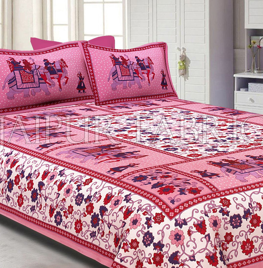 Pink Border White Base Barat Pattern Screen Print Cotton Double Bed Sheet