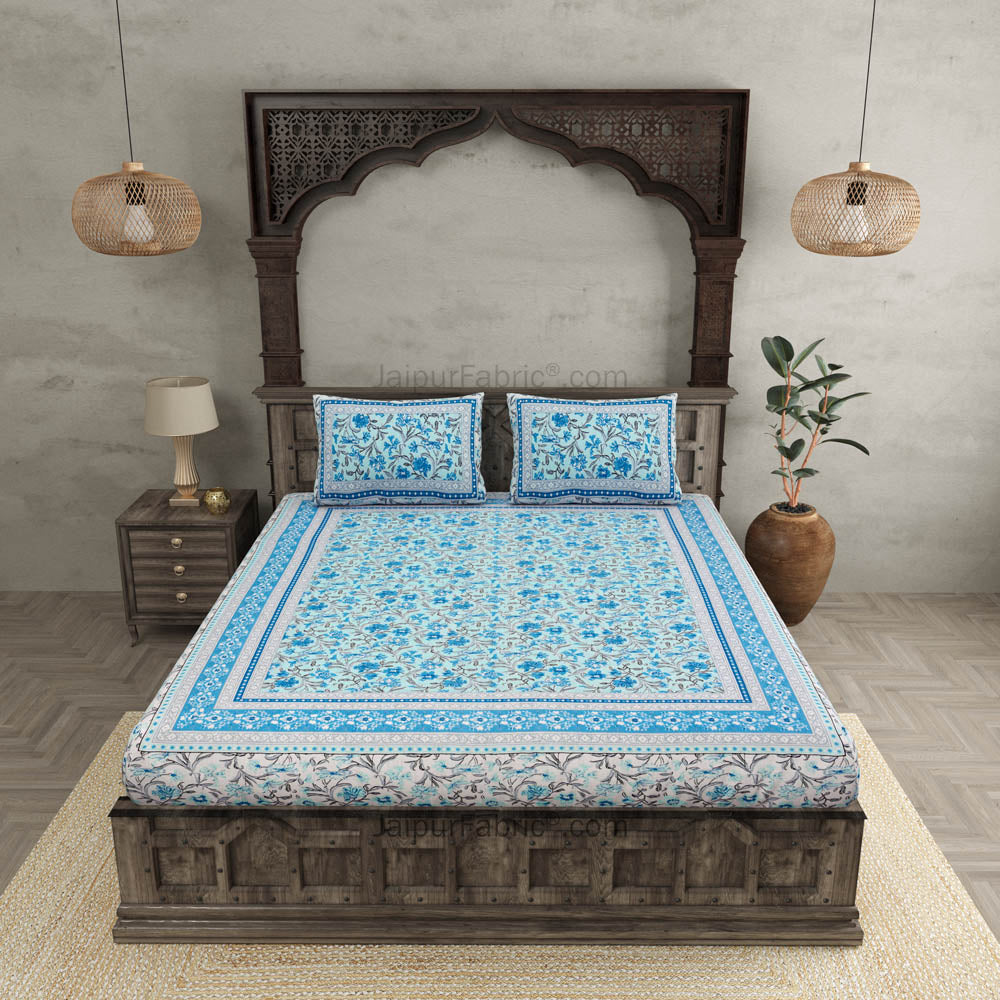 Awesome leaves Blue Cream Double Bedsheet