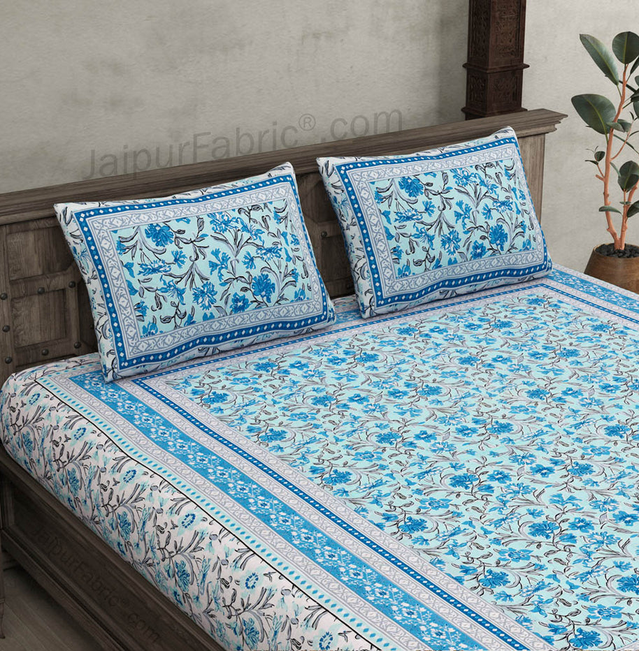 Awesome leaves Blue Cream Double Bedsheet