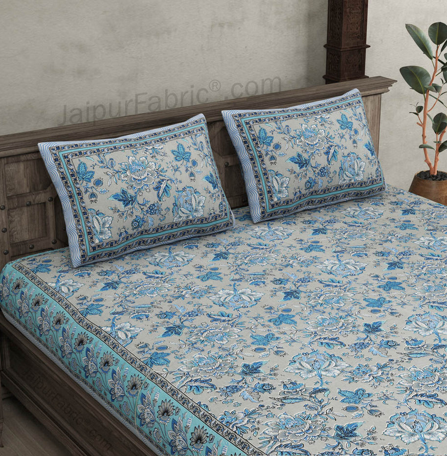 Home Decor Blue Floral Pure Cotton Double Bedsheet