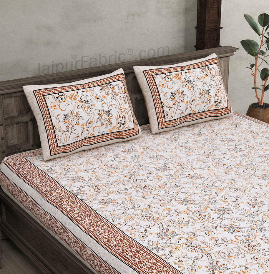 Pure Cotton Paisley Floral Ethnic Brown Border Jaipuri Double Bedsheet