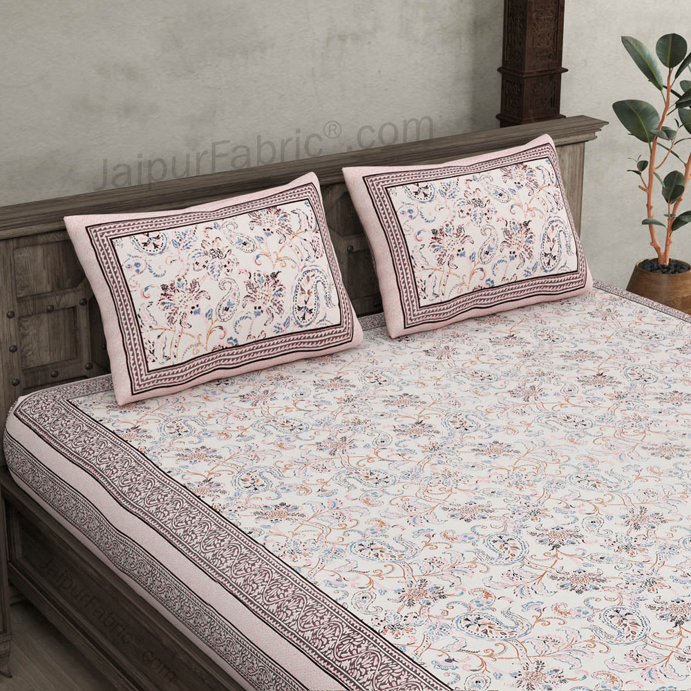 Pure Cotton Paisley Floral Ethnic Peach Border Jaipuri Double Bedsheet