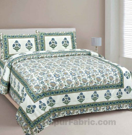 Pure Cotton Green Color Floral Ethnic Jaipuri Double Bedsheet