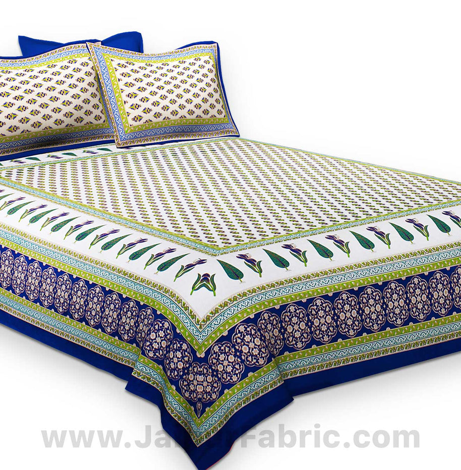 Blue Green Gold Print Double Bedsheet