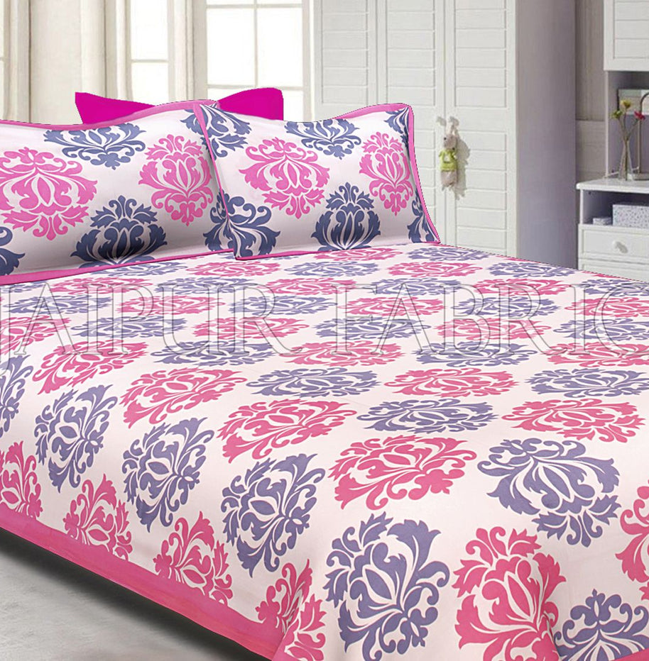 Pink Border Floral Pattern Screen Print Cotton Double Bed Sheet