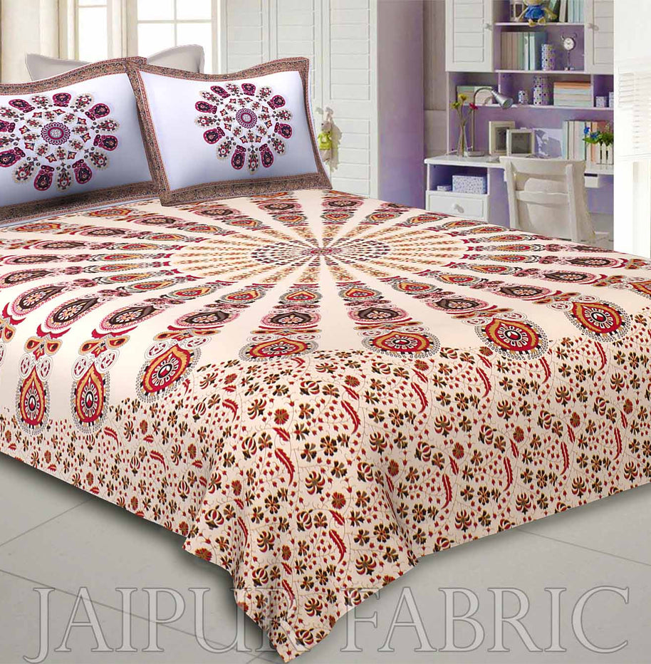 Mandala Maroon Grey Khari Gold Print Double Bedsheet with 2 Pillow Covers