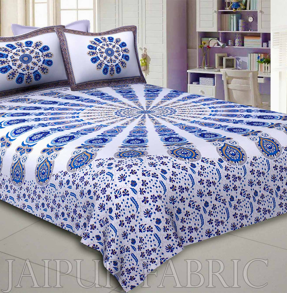 Mandala Blue White Khari Gold Print Double Bedsheet with 2 Pillow Covers