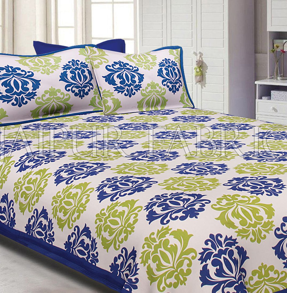 Blue Border Floral Pattern Screen Print Cotton Double Bed Sheet