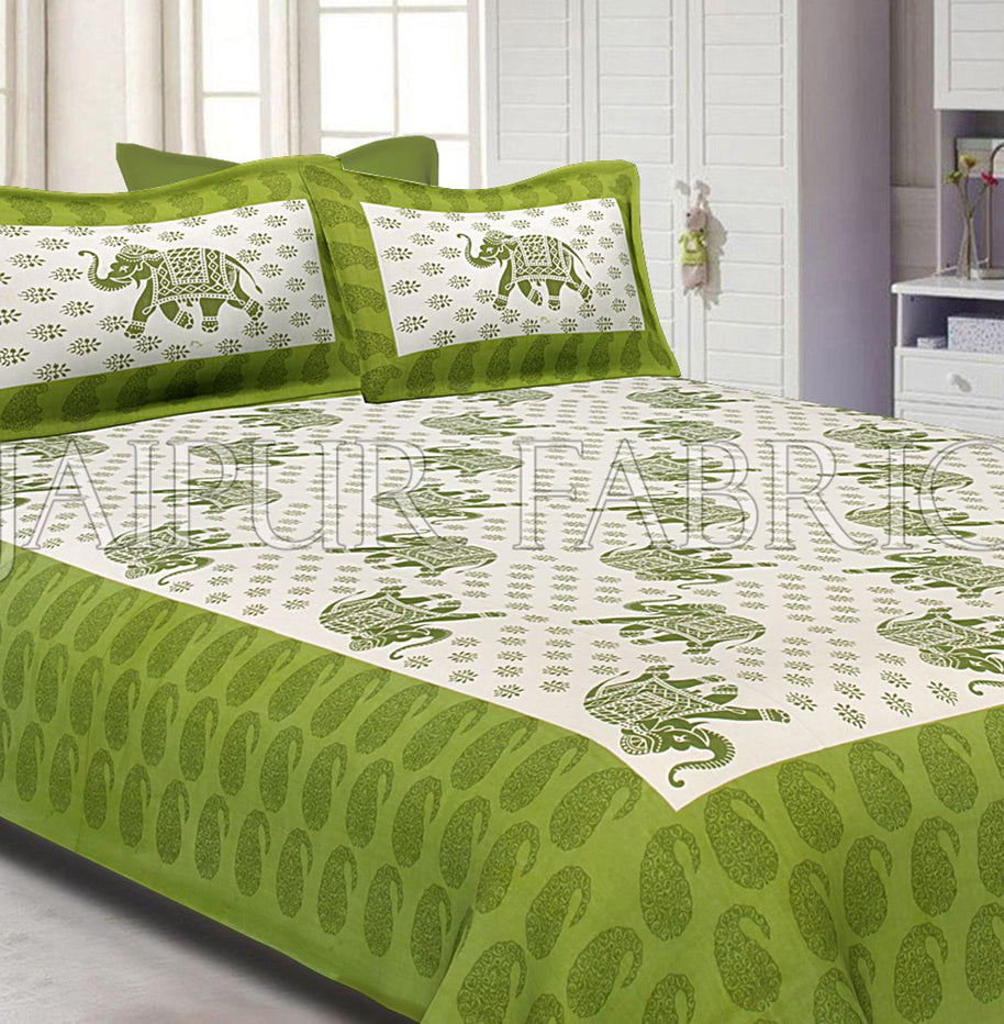 Green Border White Base Elephant Pattern Screen Print Cotton Double Bed Sheet