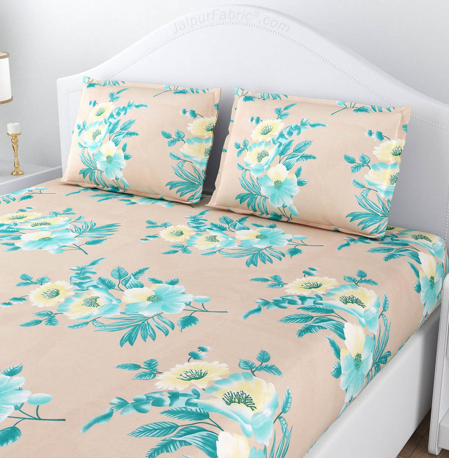 Turquoise Beige Floral Poly Cotton Double BedSheet