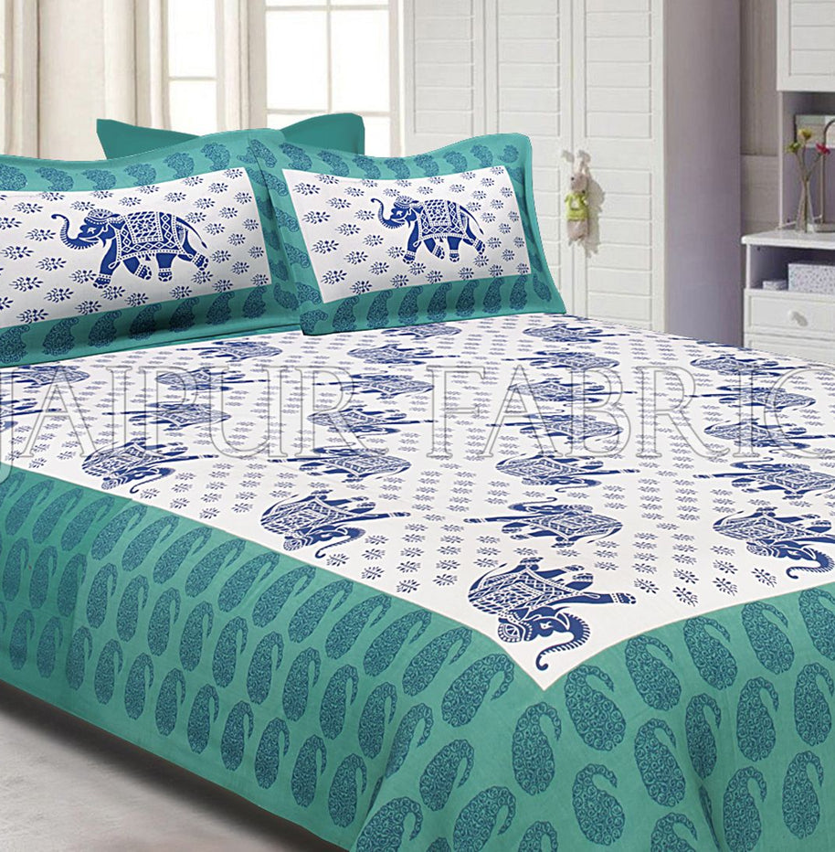 Sea Green Border White Base Elephant Pattern Screen Print Cotton Double Bed Sheet