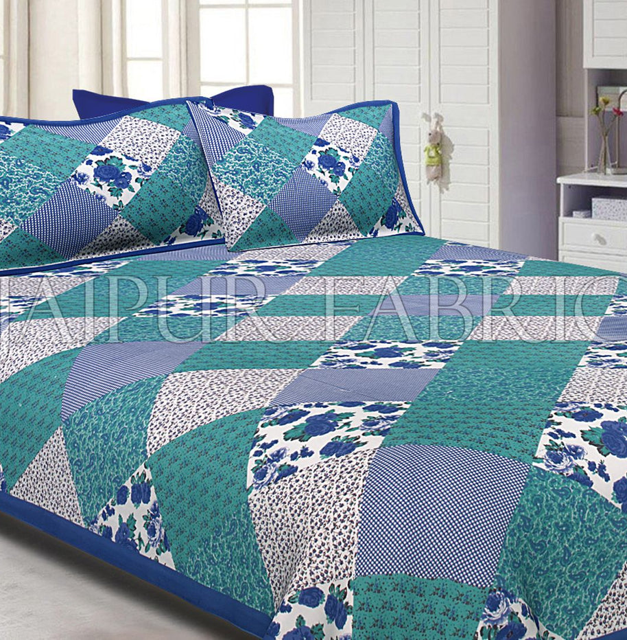 Blue Border Multicolor Base Flower Screen Print Cotton Double Bed Sheet