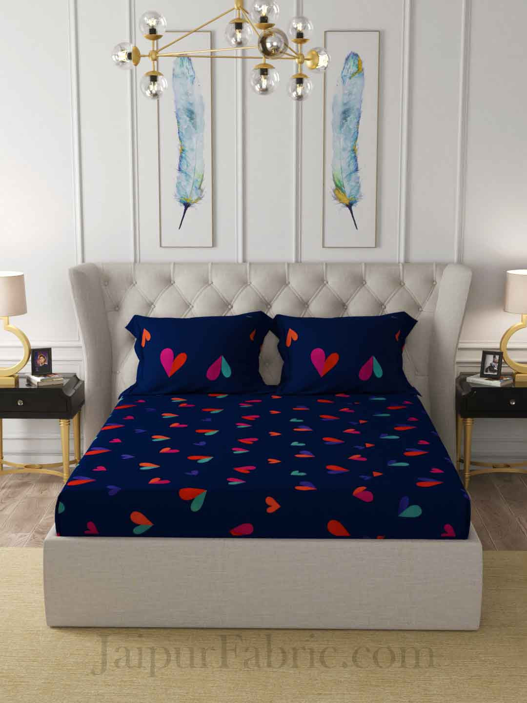 Navy Blue Shade with Multicolored Hearts Design Double Bedsheet