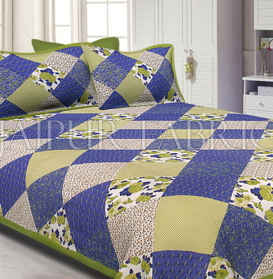 Green Border Multicolor Base Flower Screen Print Cotton Double Bed Sheet