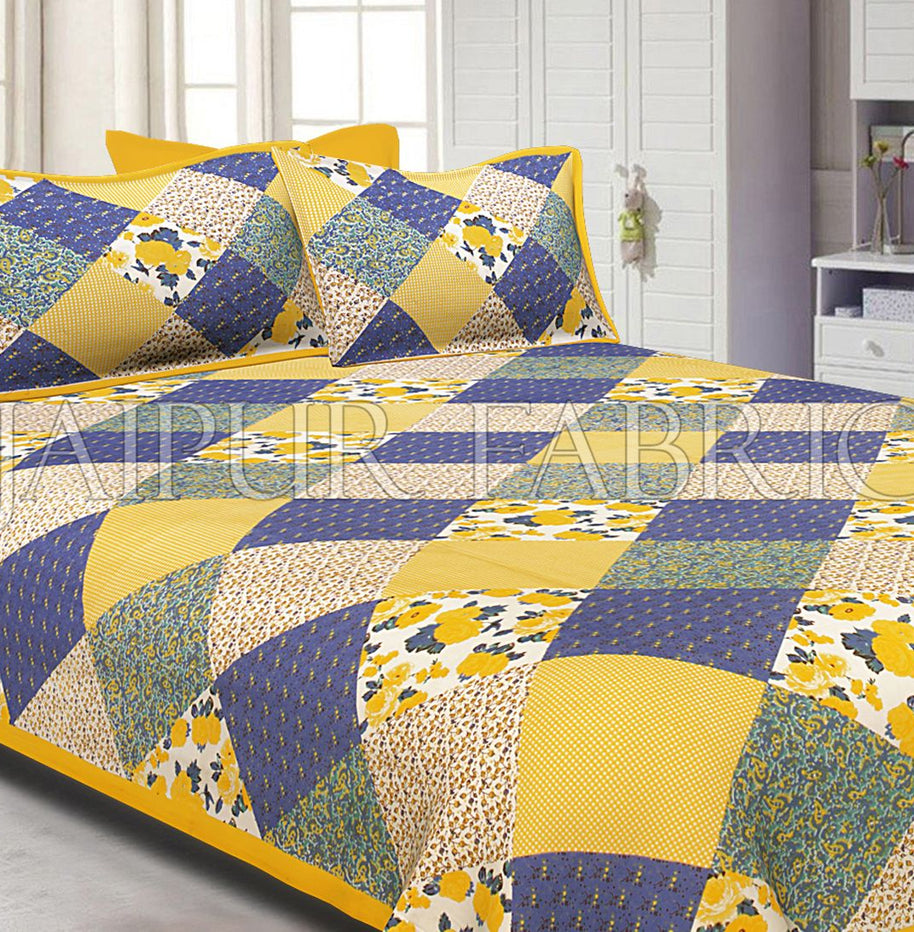 Yellow Border Multicolor Base Flower Screen Print Cotton Double Bed Sheet