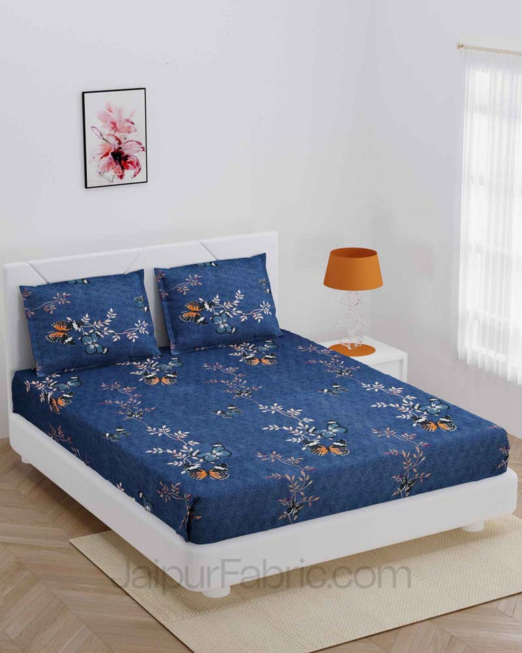 Navy Blue Butterfly Super Soft Double Bedsheet