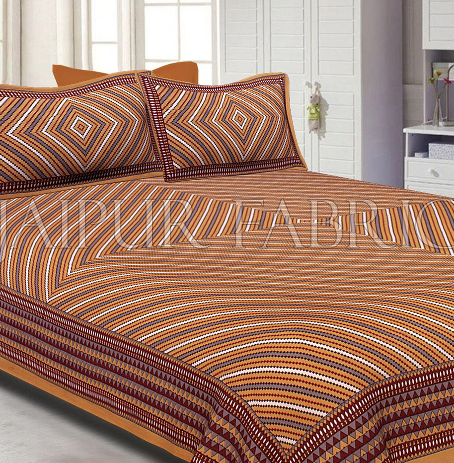 Brown Border Square and line Pattern Screen Print Cotton Double Bed Sheet