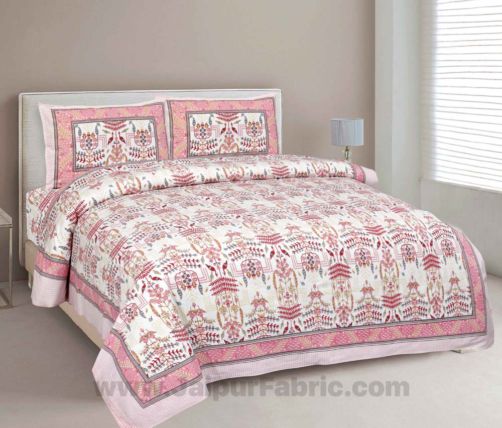 Pure Cotton Artistic Modern Pink Cream Jaipuri Double Bedsheet