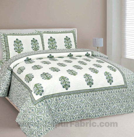 Pure Cotton Beautiful Bouquet Green Jaipuri Double Bedsheet