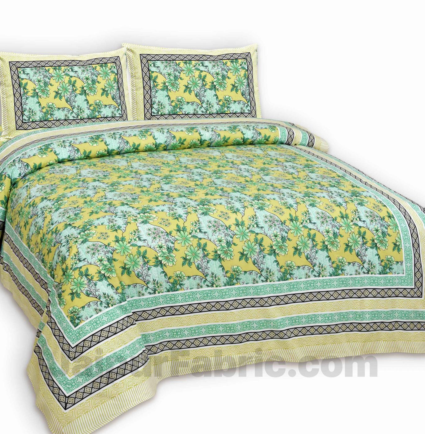 Green Lime Floral Pure Cotton Double Bedsheet