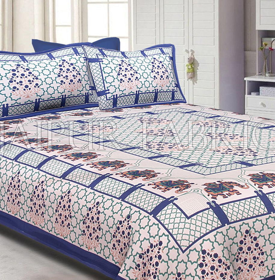 Blue Border White base Elephant Pattern Screen Print Cotton Double Bed Sheet