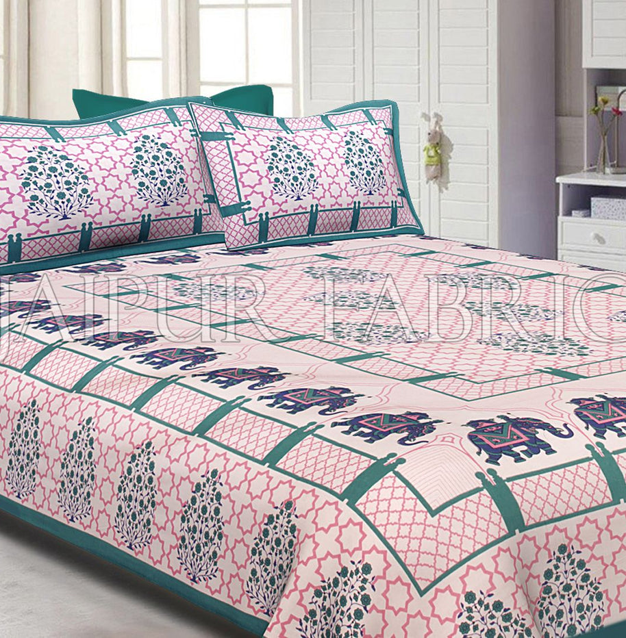 Sea Green Border White base Elephant Pattern Screen Print Cotton Double Bed Sheet