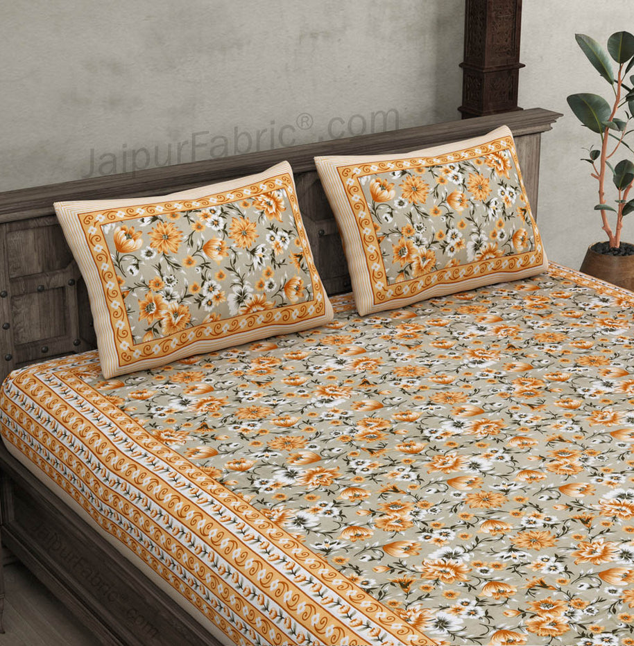 Festine Flower Yellow Cotton Double Bedsheet