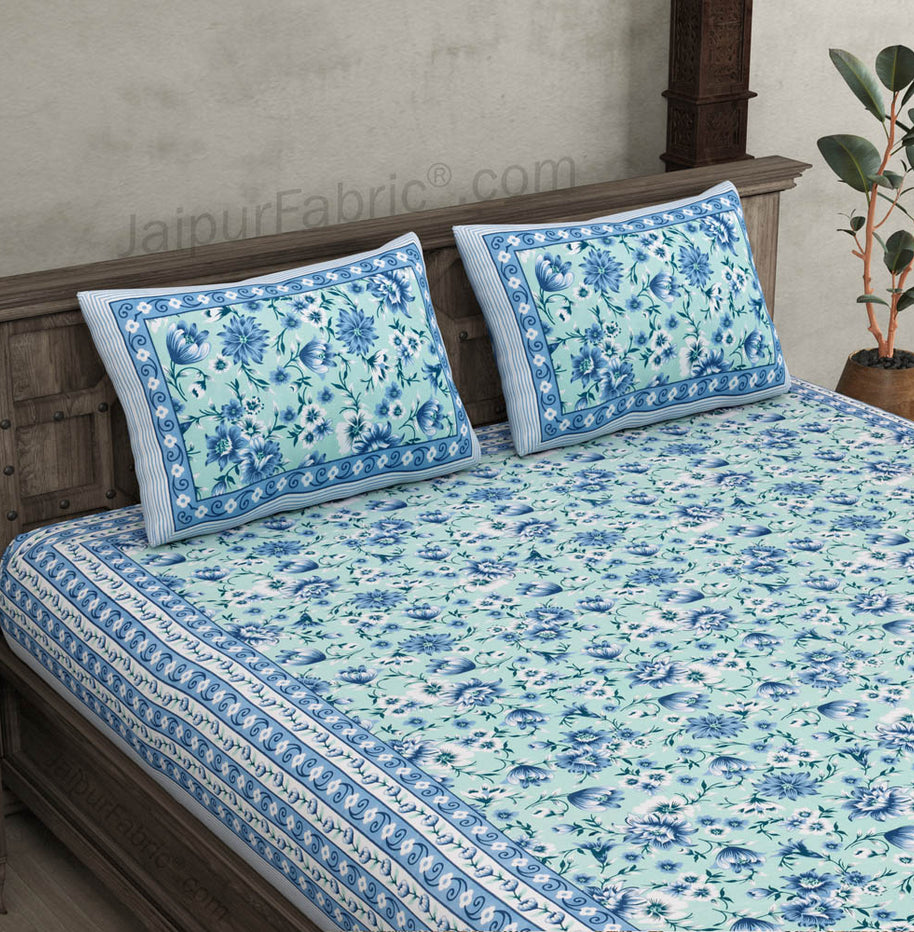 Festine Flower Blue Cotton Double Bedsheet