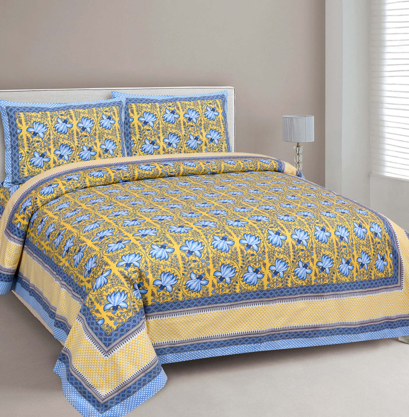 Navy Blue Lotus on Yellow Base Floral Pure Cotton Double BedSheet