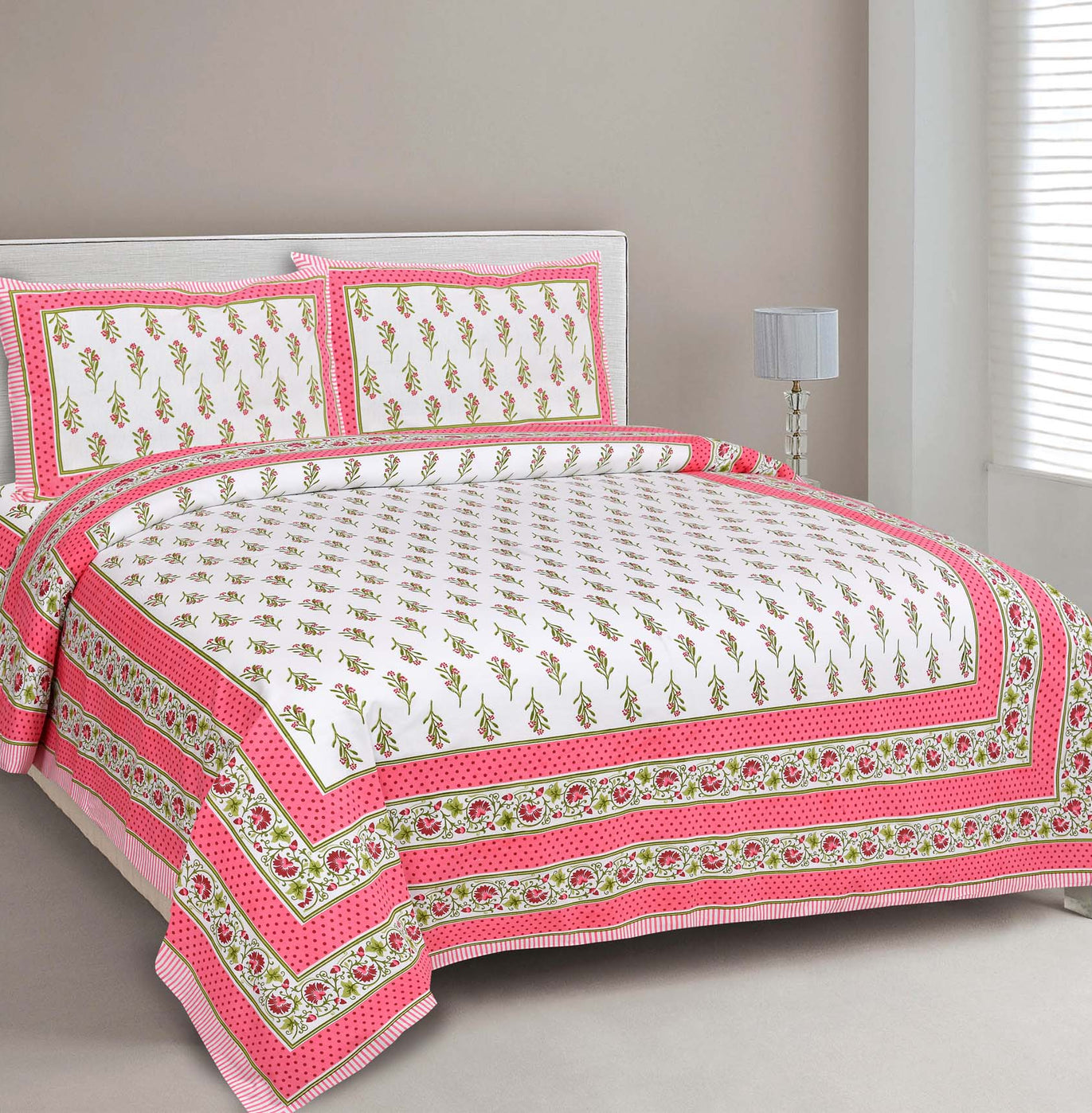 Pink Berry Grey Border Rich Premium Pure Cotton Double BedSheet