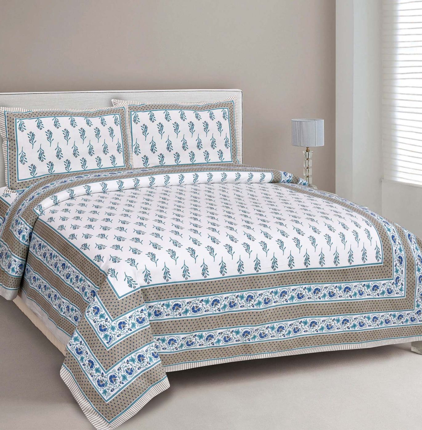 Blue Berry Grey Border Rich Premium Pure Cotton Double BedSheet