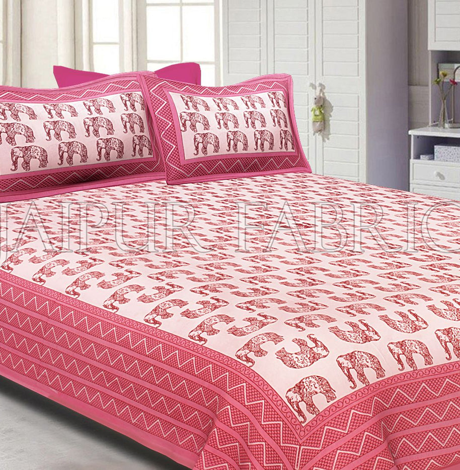 Pink Border Pink Elephant Pattern Screen Print Cotton Double Bed Sheet